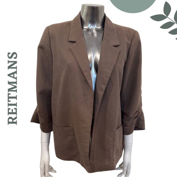Reitmans Open Front Blazer | Ruched Sleeve | Notched Collar Warm Mocha Brown 15 - Picture 1 of 5